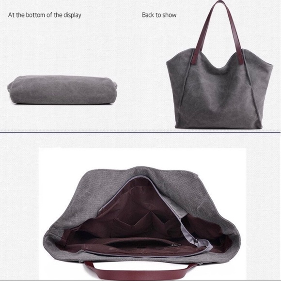 Chic Gray Canvas Tote With Leather Handles 5 ⭐️’s - Picture 2 of 8